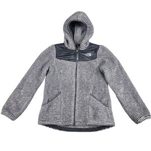 The North Face Gray Stripe  Puffer Jacket with Hood Full Zip Girls L 14-16